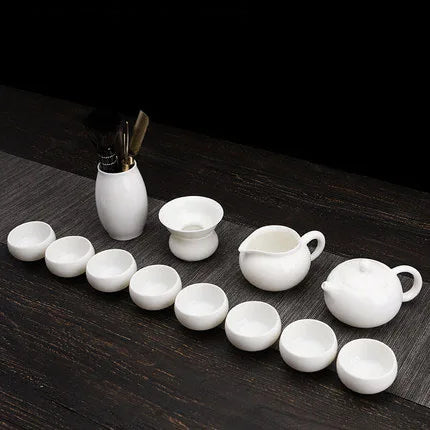 Dehua White Porcelain Teapot Set, Suet Jade, Kung Fu Tea Set, Household Teacup, Living Room and Office