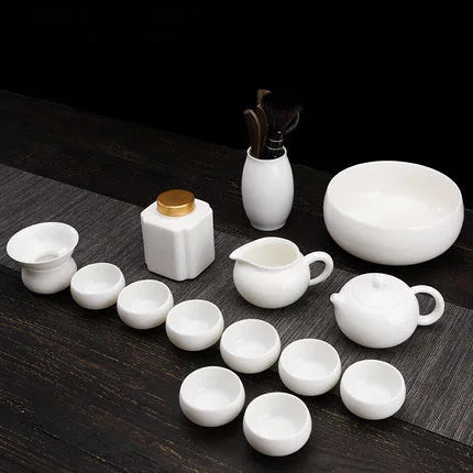 Dehua White Porcelain Teapot Set, Suet Jade, Kung Fu Tea Set, Household Teacup, Living Room and Office