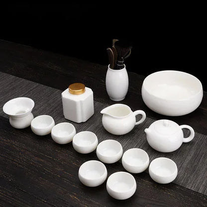 Dehua White Porcelain Teapot Set, Suet Jade, Kung Fu Tea Set, Household Teacup, Living Room and Office