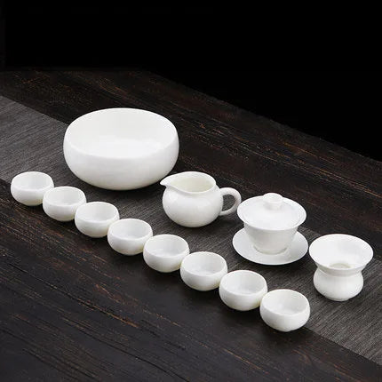 Dehua White Porcelain Teapot Set, Suet Jade, Kung Fu Tea Set, Household Teacup, Living Room and Office