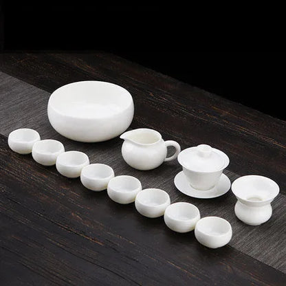 Dehua White Porcelain Teapot Set, Suet Jade, Kung Fu Tea Set, Household Teacup, Living Room and Office