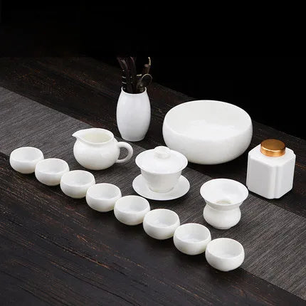 Dehua White Porcelain Teapot Set, Suet Jade, Kung Fu Tea Set, Household Teacup, Living Room and Office