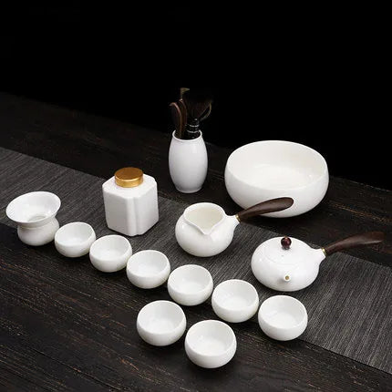 Dehua White Porcelain Teapot Set, Suet Jade, Kung Fu Tea Set, Household Teacup, Living Room and Office