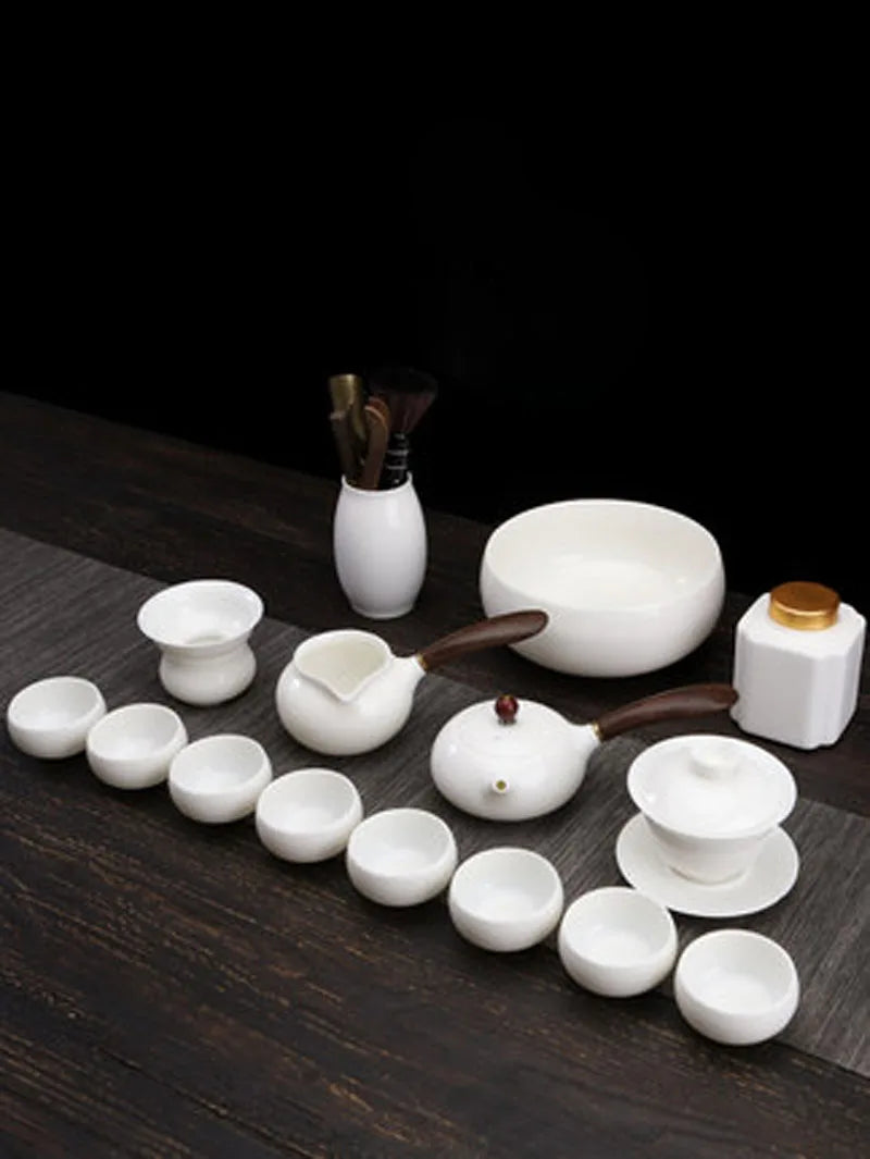 Dehua White Porcelain Teapot Set, Suet Jade, Kung Fu Tea Set, Household Teacup, Living Room and Office