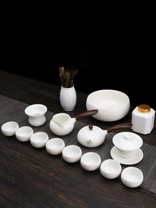 Dehua White Porcelain Teapot Set, Suet Jade, Kung Fu Tea Set, Household Teacup, Living Room and Office