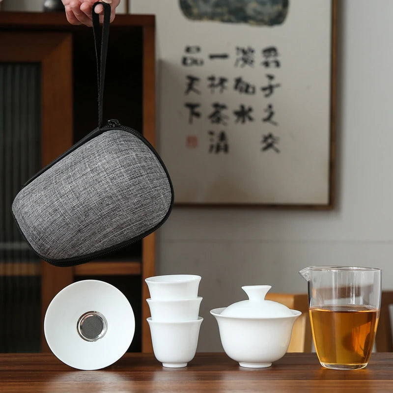 Dehua White Porcelain Travel Kung Fu Tea Set Carrying Bag Bowl чай Four Glass kettle Gift teacup  tea set glass gaiwan strainer