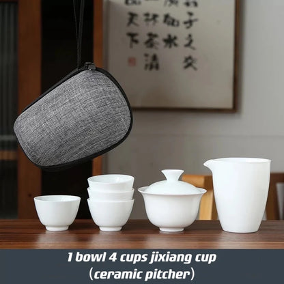 Dehua White Porcelain Travel Kung Fu Tea Set Carrying Bag Bowl чай Four Glass kettle Gift teacup  tea set glass gaiwan strainer