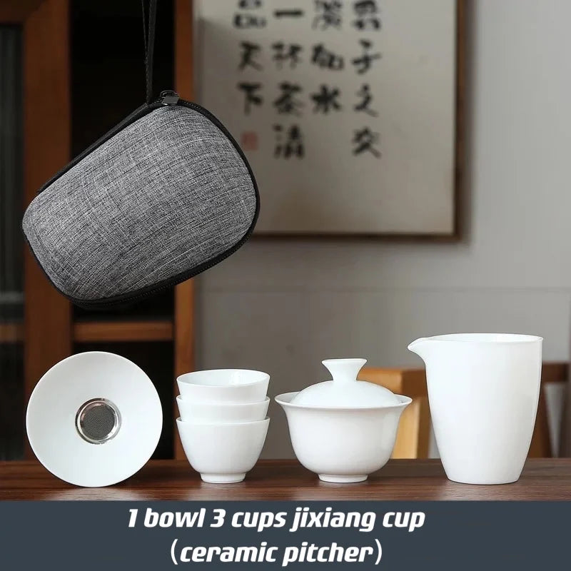 Dehua White Porcelain Travel Kung Fu Tea Set Carrying Bag Bowl чай Four Glass kettle Gift teacup  tea set glass gaiwan strainer