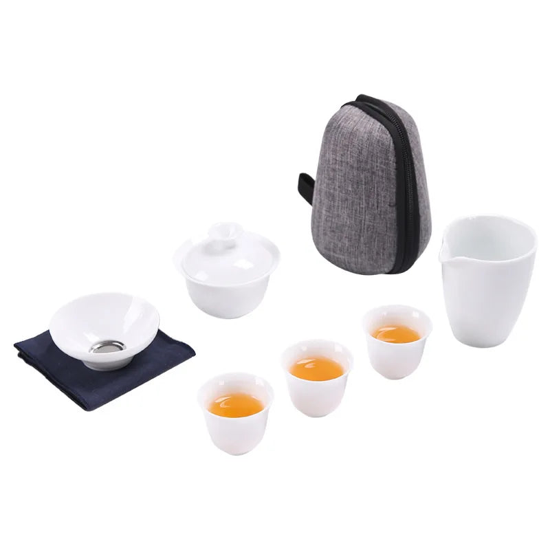 Dehua White Porcelain Travel Kung Fu Tea Set Carrying Bag Bowl чай Four Glass kettle Gift teacup  tea set glass gaiwan strainer