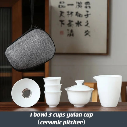 Dehua White Porcelain Travel Kung Fu Tea Set Carrying Bag Bowl чай Four Glass kettle Gift teacup  tea set glass gaiwan strainer