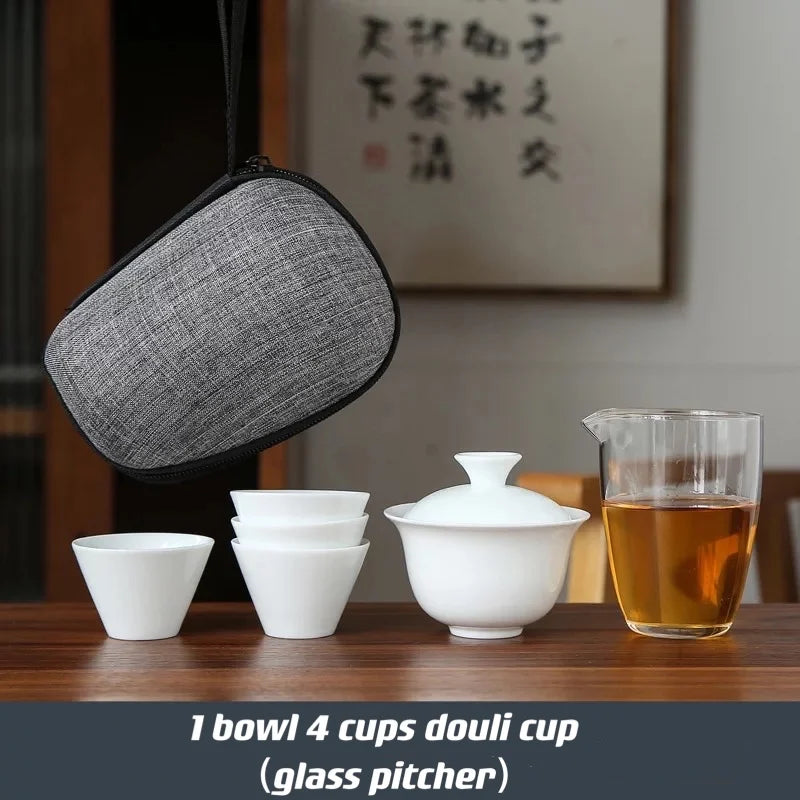 Dehua White Porcelain Travel Kung Fu Tea Set Carrying Bag Bowl чай Four Glass kettle Gift teacup  tea set glass gaiwan strainer