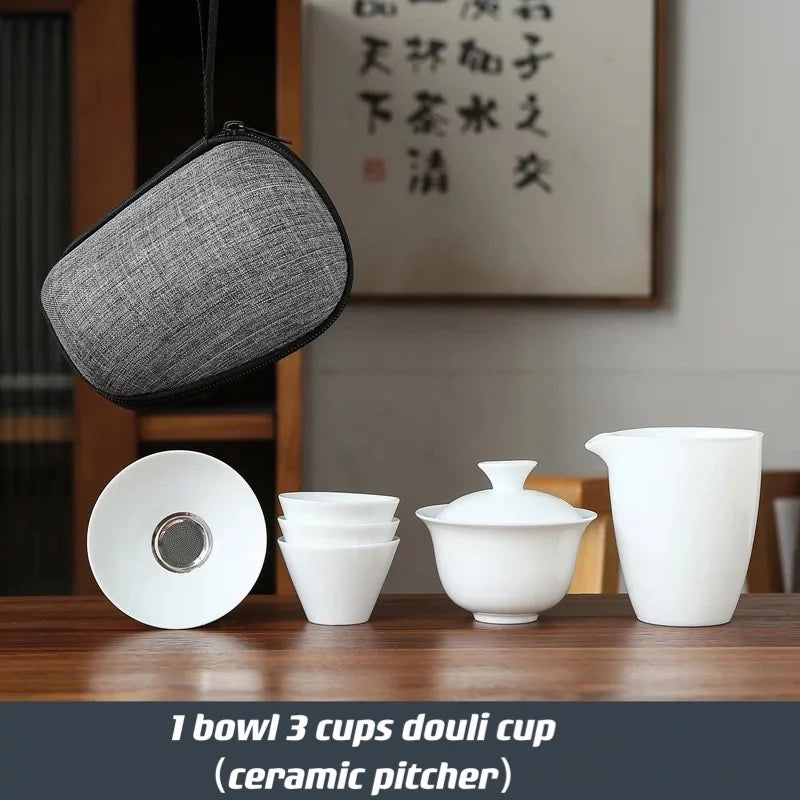 Dehua White Porcelain Travel Kung Fu Tea Set Carrying Bag Bowl чай Four Glass kettle Gift teacup  tea set glass gaiwan strainer