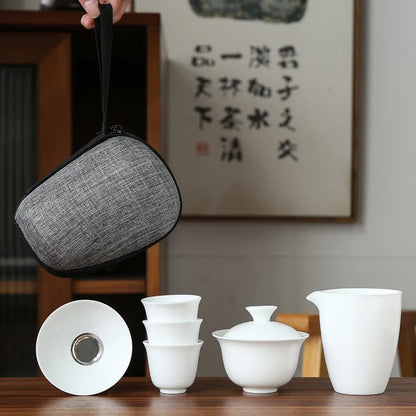 Dehua White Porcelain Travel Kung Fu Tea Set Carrying Bag Bowl чай Four Glass kettle Gift teacup  tea set glass gaiwan strainer