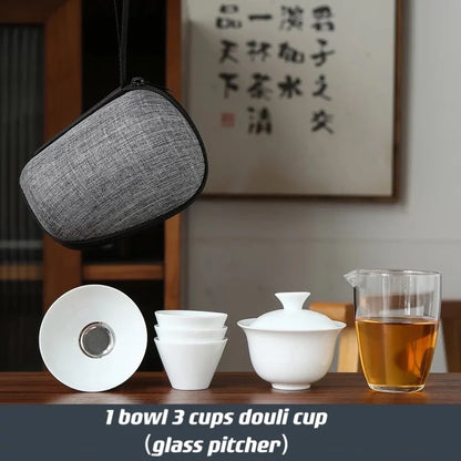 Dehua White Porcelain Travel Kung Fu Tea Set Carrying Bag Bowl чай Four Glass kettle Gift teacup  tea set glass gaiwan strainer