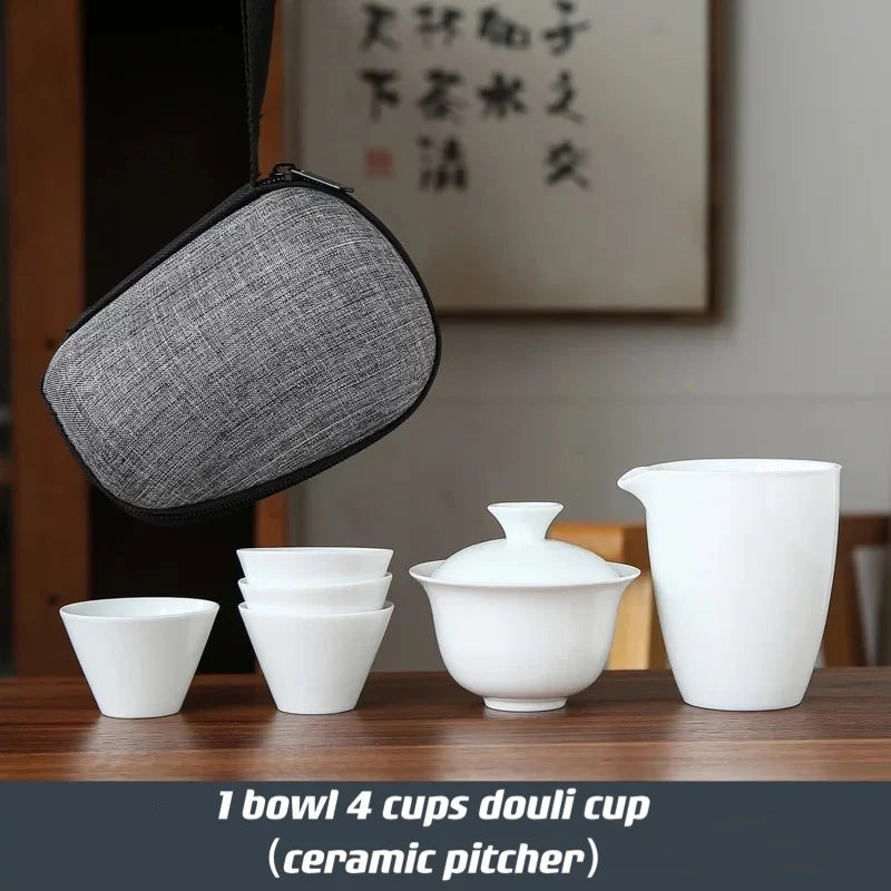 Dehua White Porcelain Travel Kung Fu Tea Set Carrying Bag Bowl чай Four Glass kettle Gift teacup  tea set glass gaiwan strainer