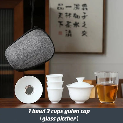 Dehua White Porcelain Travel Kung Fu Tea Set Carrying Bag Bowl чай Four Glass kettle Gift teacup  tea set glass gaiwan strainer