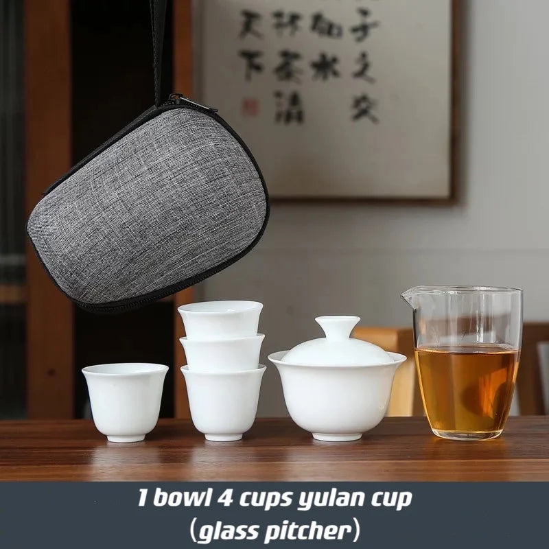 Dehua White Porcelain Travel Kung Fu Tea Set Carrying Bag Bowl чай Four Glass kettle Gift teacup  tea set glass gaiwan strainer