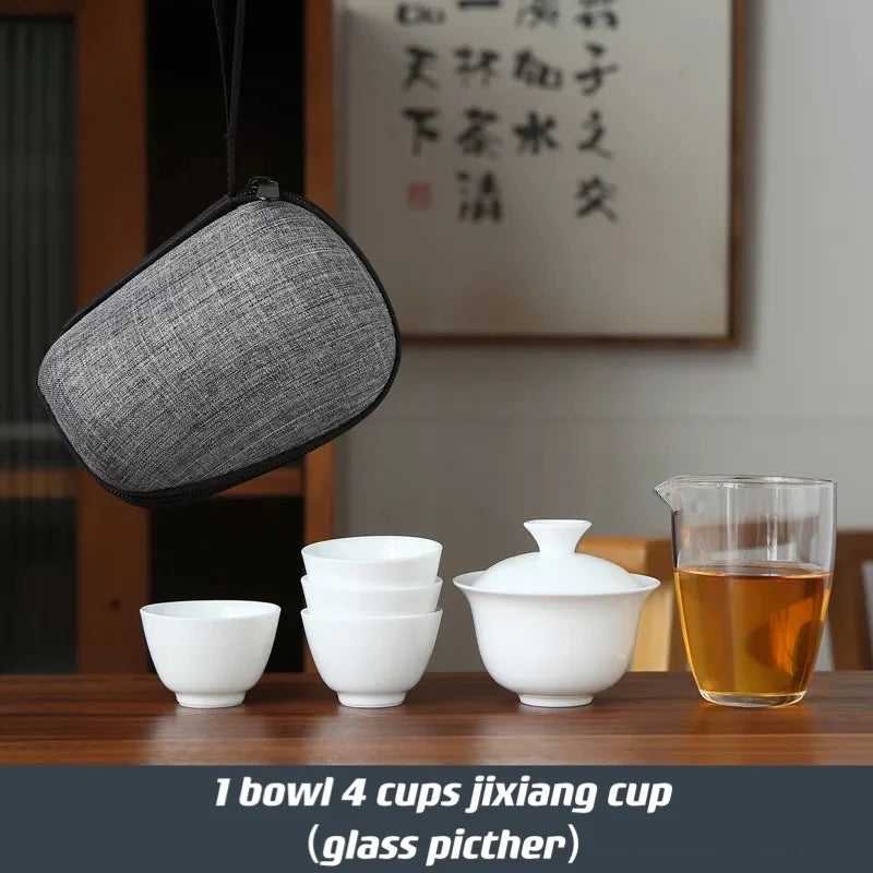 Dehua White Porcelain Travel Kung Fu Tea Set Carrying Bag Bowl чай Four Glass kettle Gift teacup  tea set glass gaiwan strainer