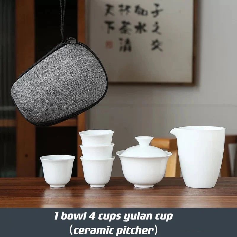 Dehua White Porcelain Travel Kung Fu Tea Set Carrying Bag Bowl чай Four Glass kettle Gift teacup  tea set glass gaiwan strainer