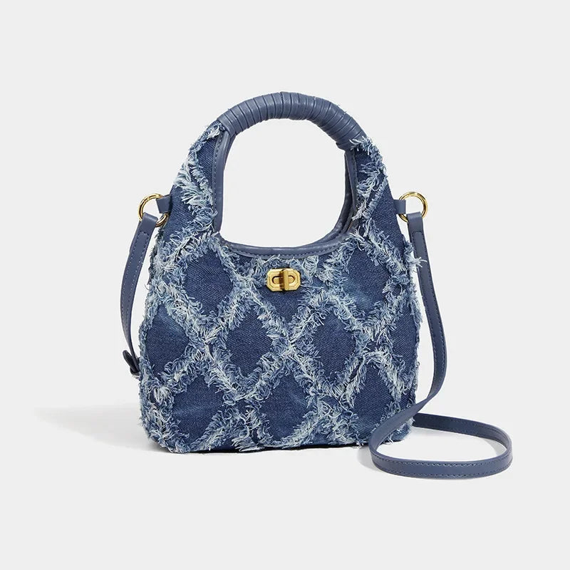 Denim Crescent 2024 New Stitching Casual Crossbody Underarm Women's Diamond Raw Edge Hand-held Shoulder Bag