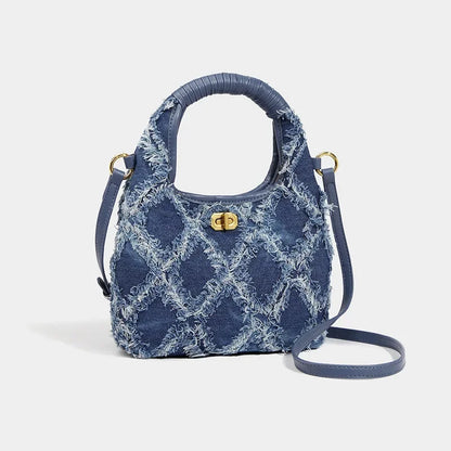 Denim Crescent 2024 New Stitching Casual Crossbody Underarm Women's Diamond Raw Edge Hand-held Shoulder Bag