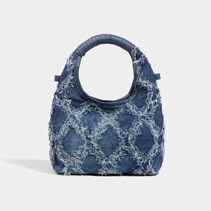 Denim Crescent 2024 New Stitching Casual Crossbody Underarm Women's Diamond Raw Edge Hand-held Shoulder Bag