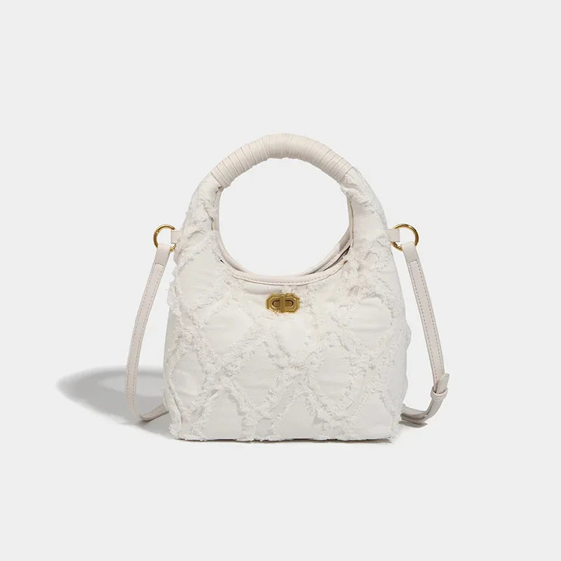 Denim Crescent 2024 New Stitching Casual Crossbody Underarm Women's Diamond Raw Edge Hand-held Shoulder Bag