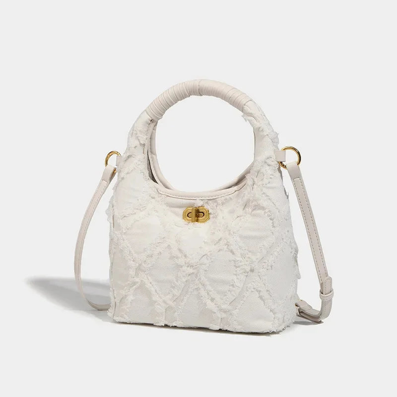 Denim Crescent 2024 New Stitching Casual Crossbody Underarm Women's Diamond Raw Edge Hand-held Shoulder Bag