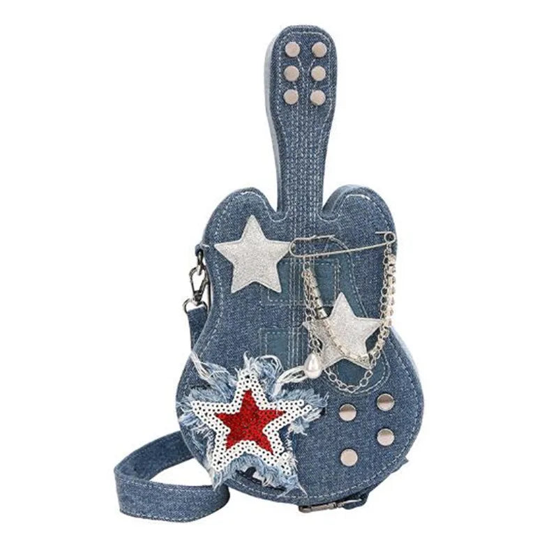 Design personalized denim women's bag new creative guitar crossbody bag network red street hip hop style shoulder bag