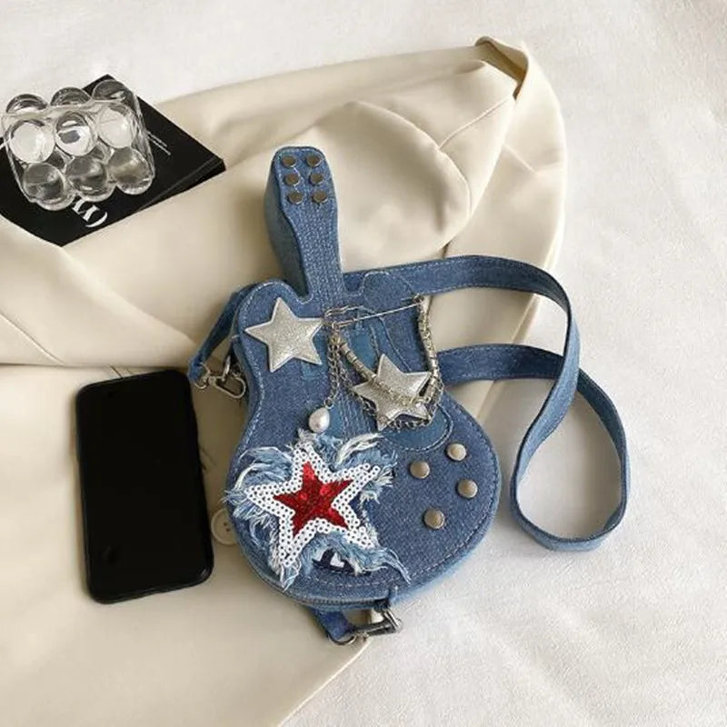 Design personalized denim women's bag new creative guitar crossbody bag network red street hip hop style shoulder bag