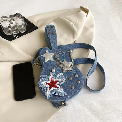 Design personalized denim women's bag new creative guitar crossbody bag network red street hip hop style shoulder bag