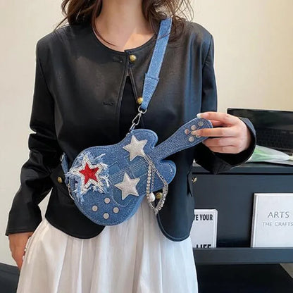 Design personalized denim women's bag new creative guitar crossbody bag network red street hip hop style shoulder bag