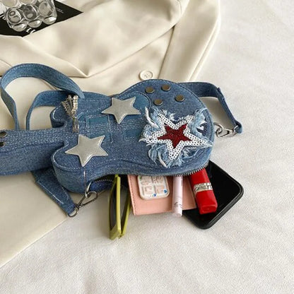 Design personalized denim women's bag new creative guitar crossbody bag network red street hip hop style shoulder bag