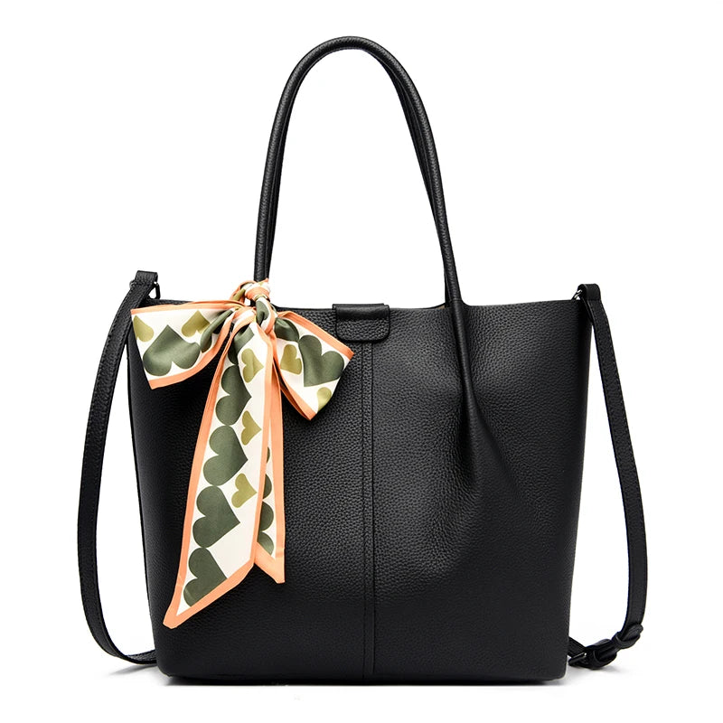 Designer Large Capacity Cowhide Women's Bag Tote Bag Luxury Genuine Leather Women Shoulder Messenger Bags Ribbon Female Handbags