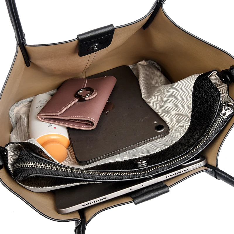 Designer Large Capacity Cowhide Women's Bag Tote Bag Luxury Genuine Leather Women Shoulder Messenger Bags Ribbon Female Handbags