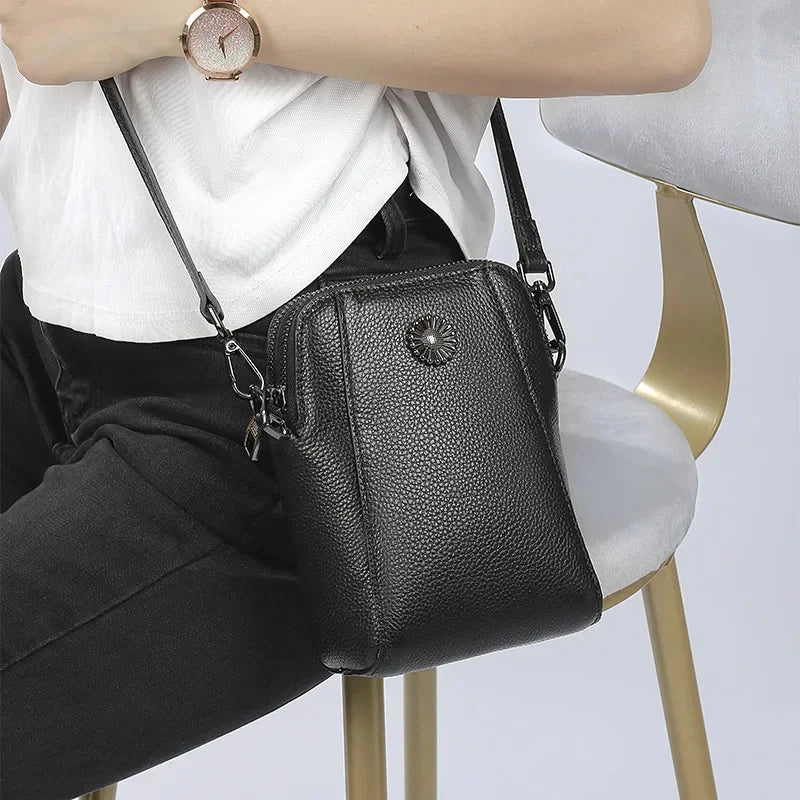 Designer Leather Small Crossbody Bags for Women Double Zipper Cell Phone Purses Ladies Travel Shopping Shoulder Satchel Handbags