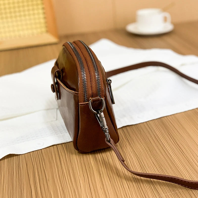 Designer Oil wax Cowhide 3 Layer Small Phone Coin Bag Luxury Genuine Leather Women's Shoulder Messenger Bag 2023 Female Handbags
