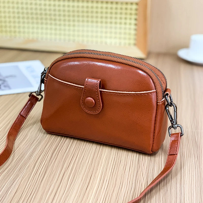 Designer Oil wax Cowhide 3 Layer Small Phone Coin Bag Luxury Genuine Leather Women's Shoulder Messenger Bag 2023 Female Handbags