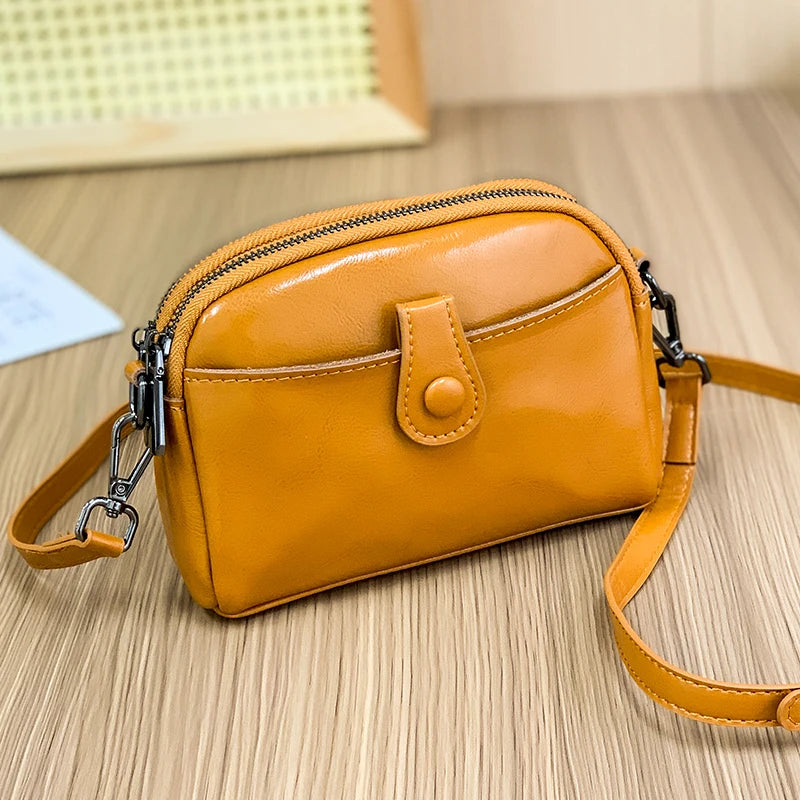 Designer Oil wax Cowhide 3 Layer Small Phone Coin Bag Luxury Genuine Leather Women's Shoulder Messenger Bag 2023 Female Handbags
