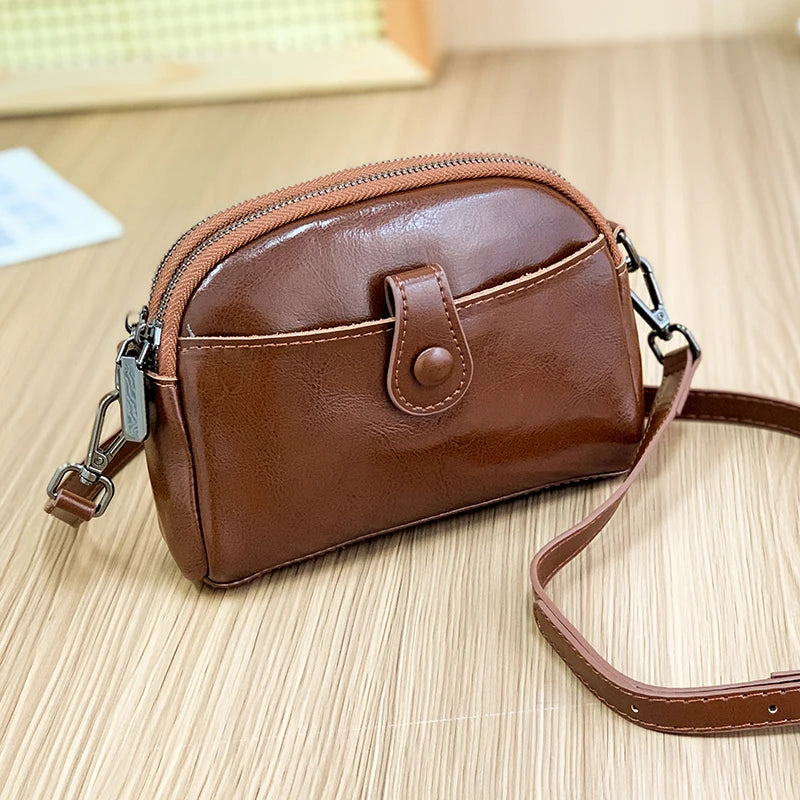 Designer Oil wax Cowhide 3 Layer Small Phone Coin Bag Luxury Genuine Leather Women's Shoulder Messenger Bag 2023 Female Handbags