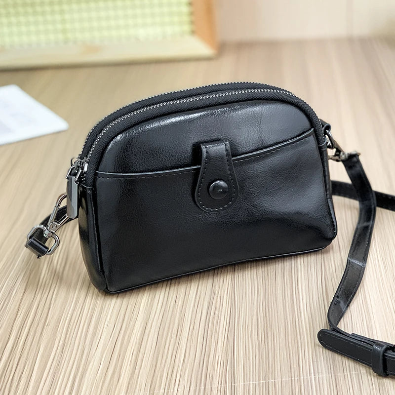 Designer Oil wax Cowhide 3 Layer Small Phone Coin Bag Luxury Genuine Leather Women's Shoulder Messenger Bag 2023 Female Handbags