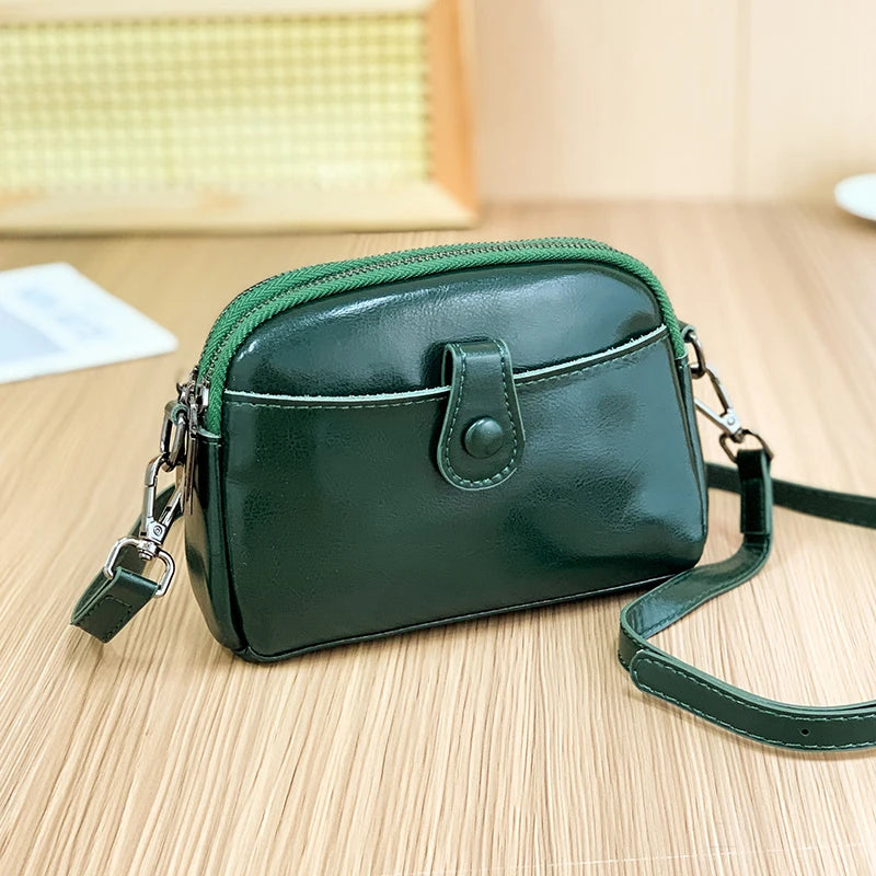 Designer Oil wax Cowhide 3 Layer Small Phone Coin Bag Luxury Genuine Leather Women's Shoulder Messenger Bag 2023 Female Handbags