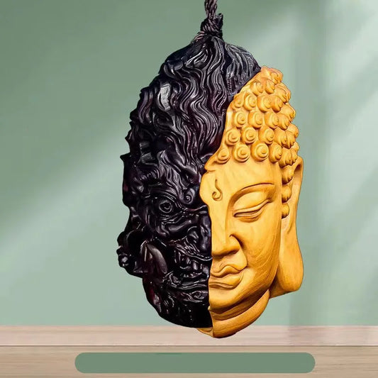 Devil Satan Buddha Deity Head Carved Solid Wood Man Gift Wonderful Carved Statue Yellow Origin Wooden Statue