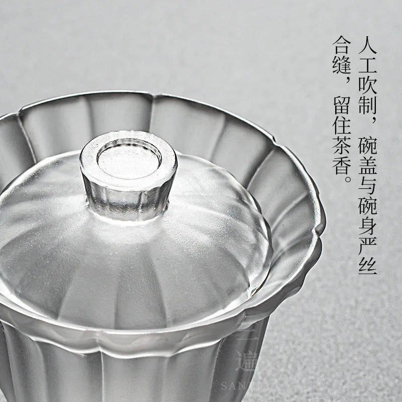 Dewaxing Colored Glaze Gaiwan Diamond Flower Shape Glass Tea Brewing Bowl Teacup Large Kung Fu Tea Set