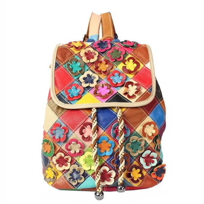 Diamond Check Color Matching Genuine Leather Backpack Sweet Personalized Floral Shoulder Bag Large Capacity Practical Schoolbag