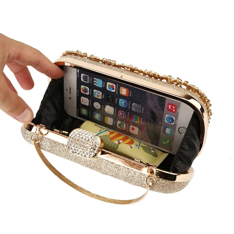 Diamond Luxury Evening Clutch for Women Wedding Golden Purse Chain Shoulder Bag Small Hollow Out Flowers Crystal Party Handbag