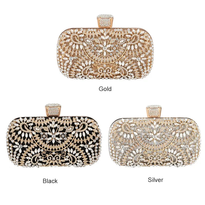 Diamond Luxury Evening Clutch for Women Wedding Golden Purse Chain Shoulder Bag Small Hollow Out Flowers Crystal Party Handbag