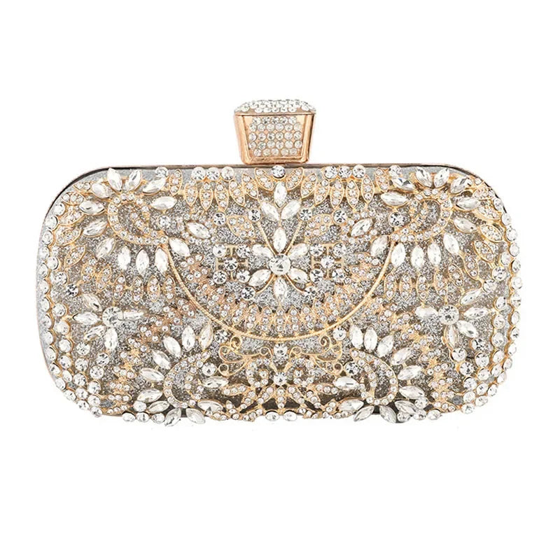 Diamond Luxury Evening Clutch for Women Wedding Golden Purse Chain Shoulder Bag Small Hollow Out Flowers Crystal Party Handbag