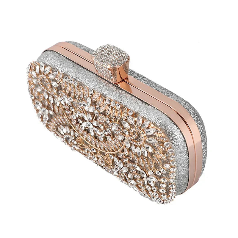 Diamond Luxury Evening Clutch for Women Wedding Golden Purse Chain Shoulder Bag Small Hollow Out Flowers Crystal Party Handbag