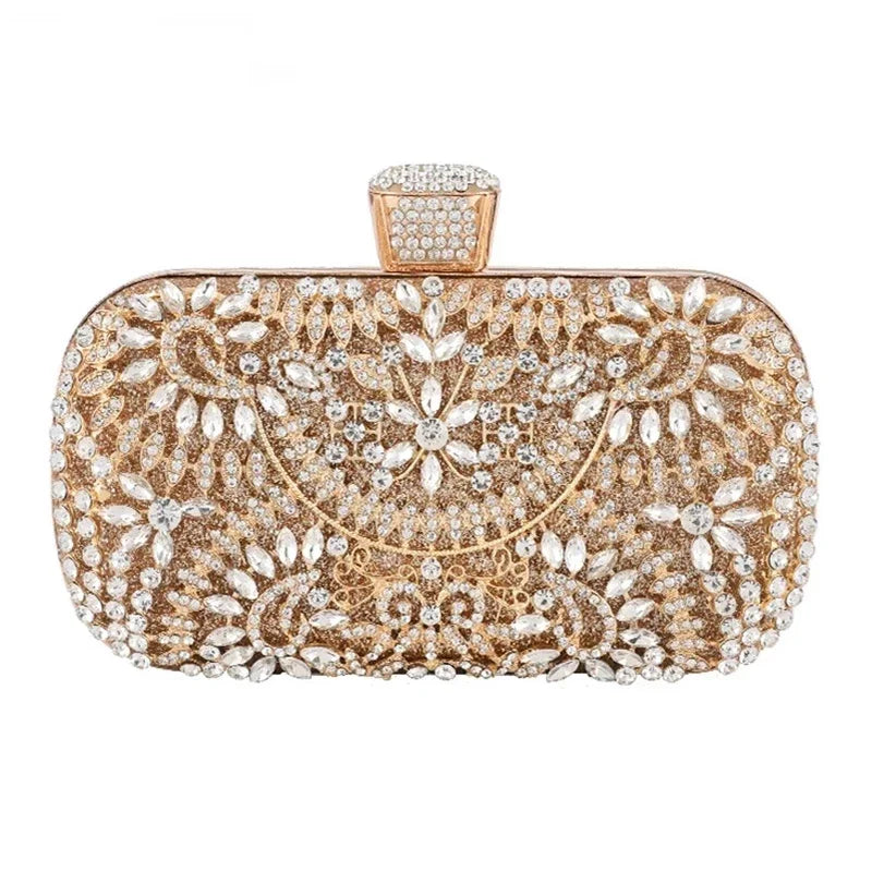 Diamond Luxury Evening Clutch for Women Wedding Golden Purse Chain Shoulder Bag Small Hollow Out Flowers Crystal Party Handbag